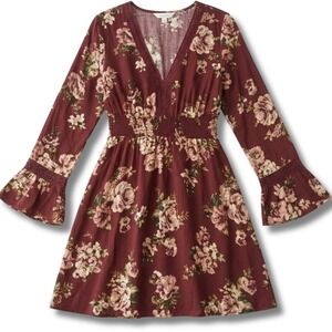 Xhilaration Boho Mini Dress Small Burgundy Floral Bell Sleeve V Neck Pockets NWT
